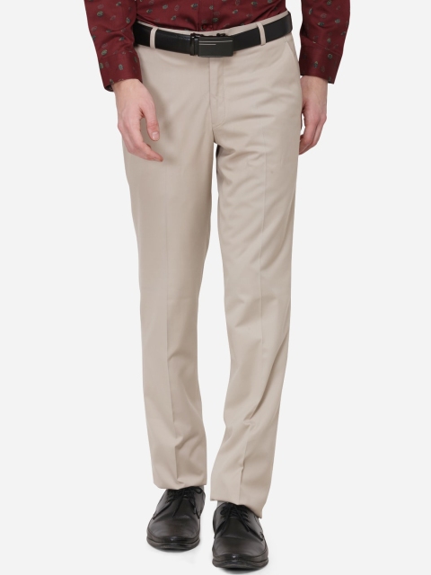 Greenfibre Men Beige Slim Fit Solid Formal Trousers
