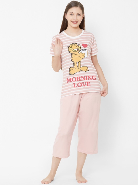 Velvet by night Women Peach-Coloured Garfield Printed Night suit
