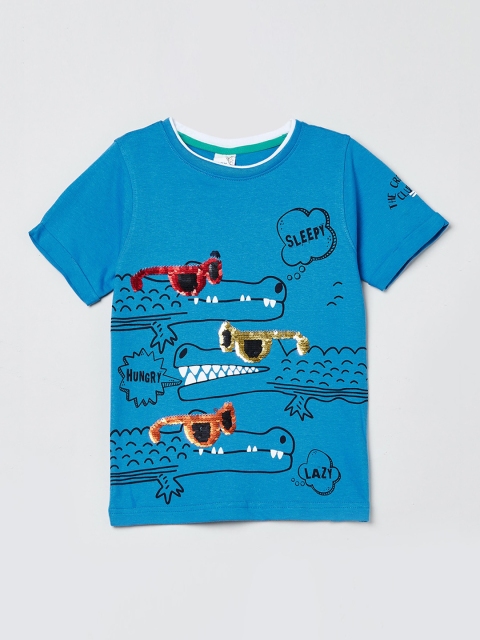 max Boys Blue Printed Round Neck T-shirt