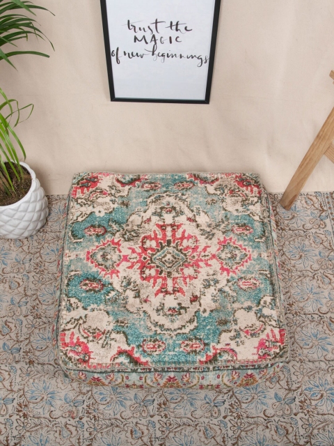Tistabene Beige & Blue Indo Durry Printed Square Pouf