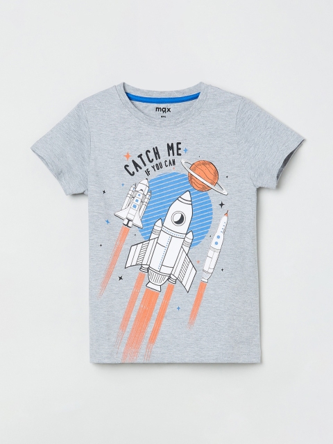 max Boys Grey & Blue Printed Round Neck T-shirt