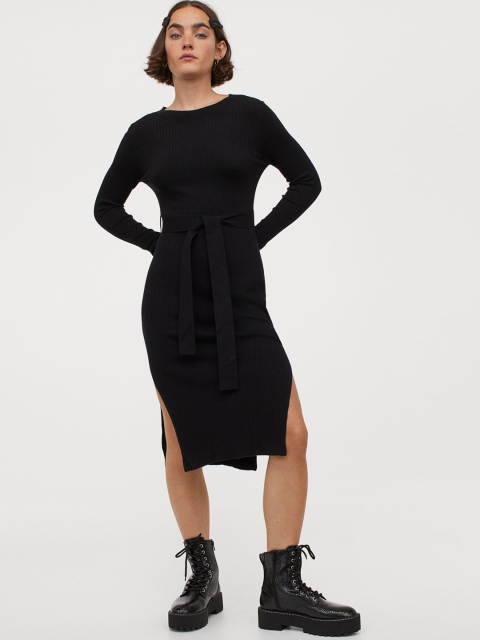 H&M Women Black Solid Rib-Knit Dress