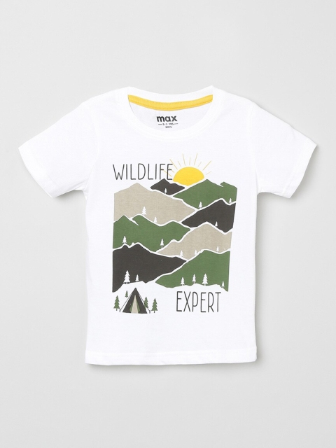 max Boys White Printed Round Neck T-shirt