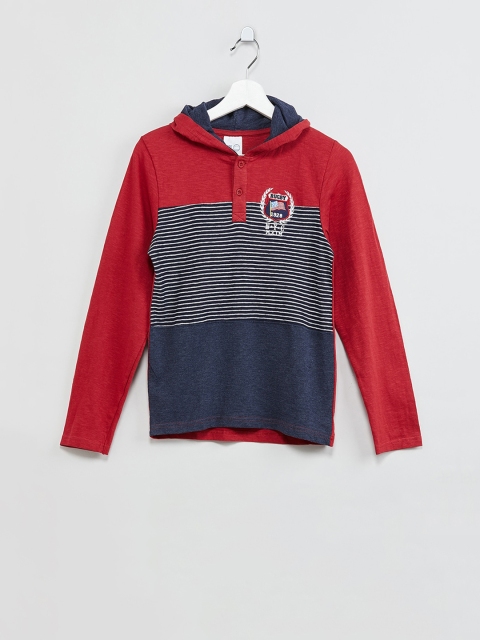 max Boys Red & Navy Blue Striped Hooded T-shirt