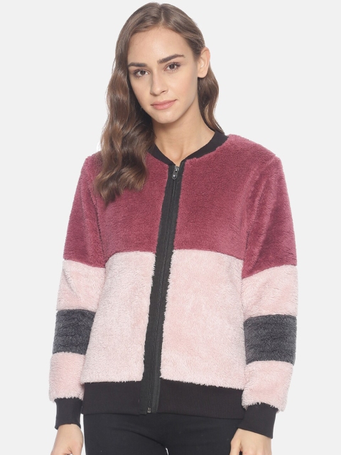 Campus Sutra Women Pink Colourblocked Windcheater Biker Jacket