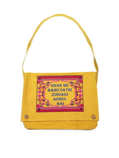 Voylla Mustard & Pink Printed Messenger Bag