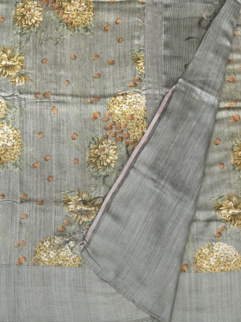 Pothys Grey & Green Jute Silk Printed Saree