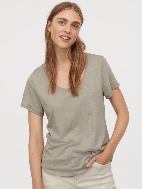 H&M Women Sea Green Solid Low-Necked T-shirt