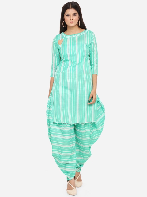 SHEEYA Turquoise Blue & White Cotton Blend Unstitched Dress Material