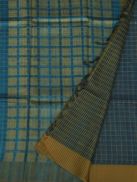 Pothys Blue & Olive Green Jute Silk Checked Saree