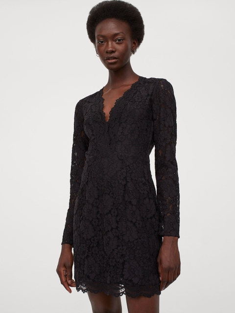 H&M Women Black Solid Lace V-Neck Dress