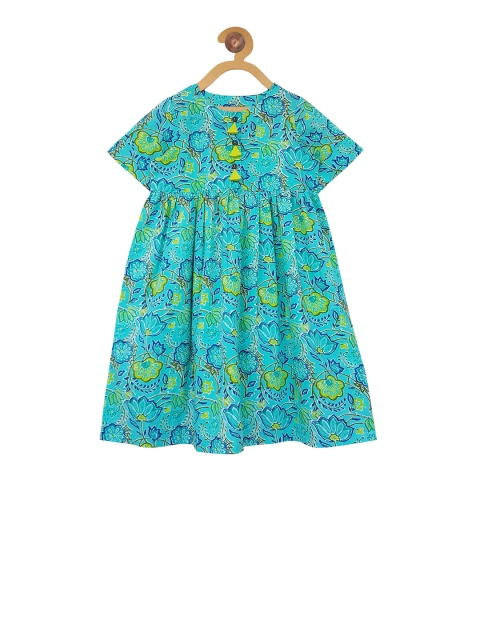 Campana Girls Turquoise Blue Printed A-Line Dress
