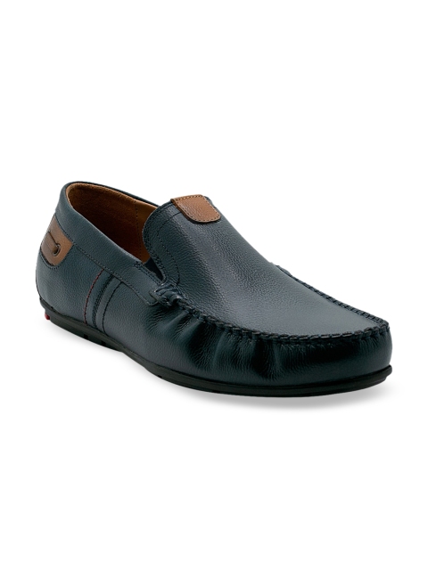 KETHINI Men Navy Blue Leather Textured Loafers