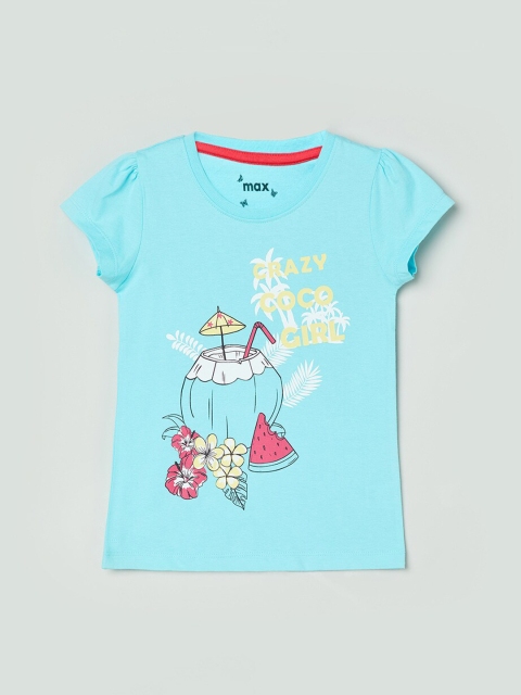 max Girls Blue Printed Round Neck T-shirt