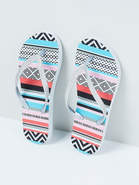 max Women Blue & Black Printed Thong Flip-Flops