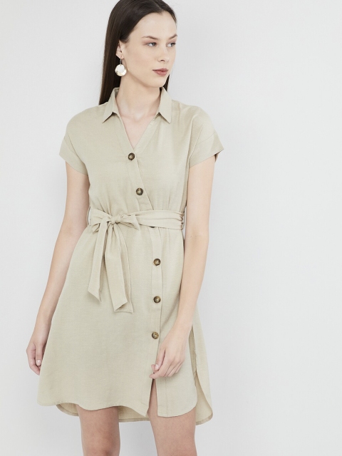 max Women Beige Solid Shirt Dress