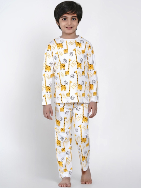 berrytree Kids White & Yellow Printed Organic Cotton Sustainable Night suit