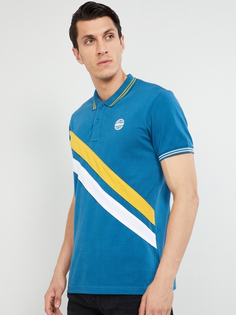 max Men Blue Striped Polo Collar T-shirt