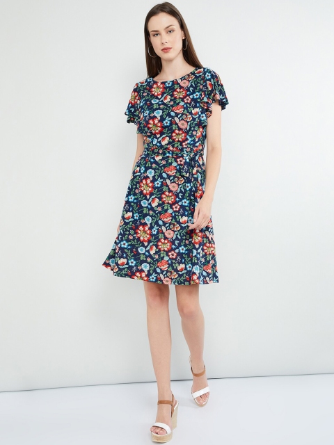 max Women Blue Printed A-Line Dress