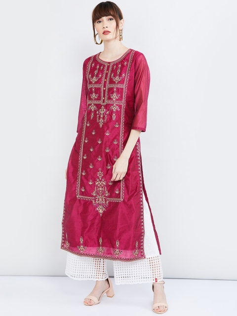 max Women Magenta Embroidered Straight Kurta
