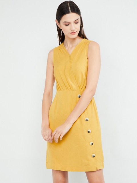 max Women Yellow Solid Wrap Dress