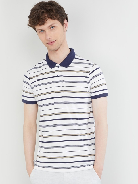 max Men White Striped Polo Collar T-shirt