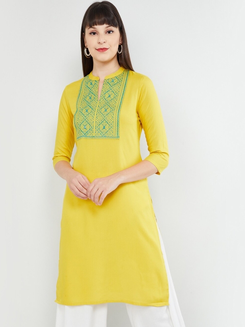 max Women Yellow Embroidered Straight Kurta
