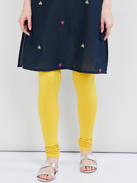 max Women Yellow Solid Churidar-Length Leggings