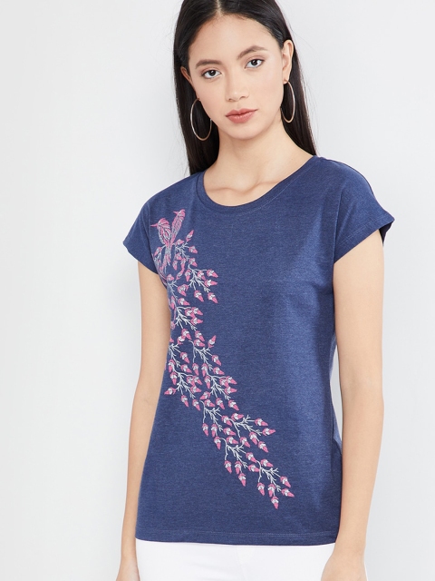 max Women Navy Blue Printed Round Neck T-shirt