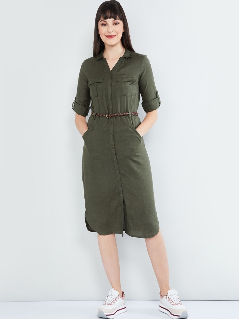 max Women Olive Green Solid Shirt Dress