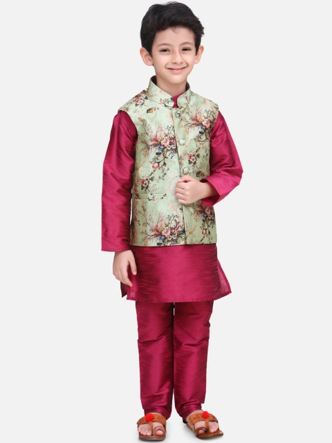 LilPicks Boys Maroon Solid Kurta with Trousers & Jacket