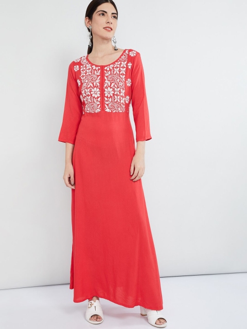 max Women Coral Red & White Yoke Design A-Line Kurta