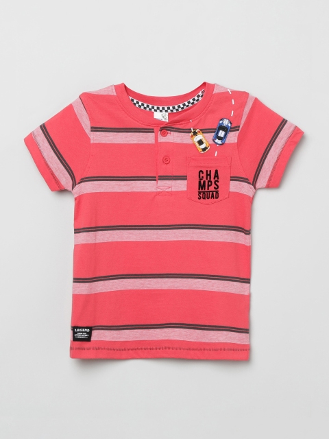 max Boys Red Striped Henley Neck T-shirt, Coral