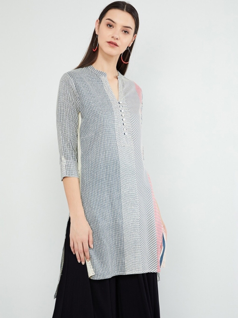 max Women Off-White & Blue Striped Straight Kurta