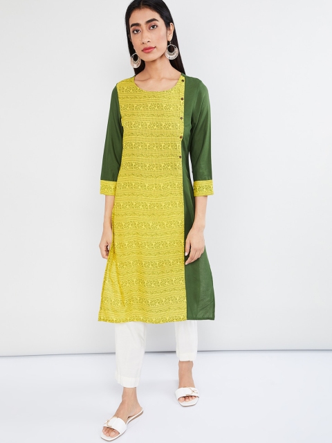 max Women Yellow & Olive Green Printed Straight Kurta