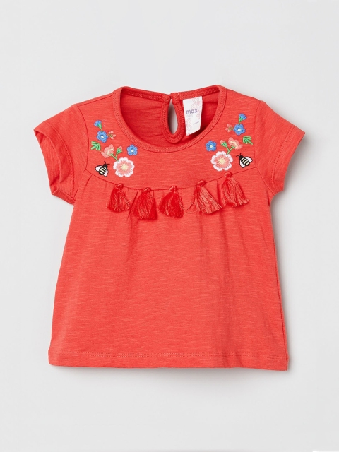 max Girls Red Embroidered Pure Cotton Top