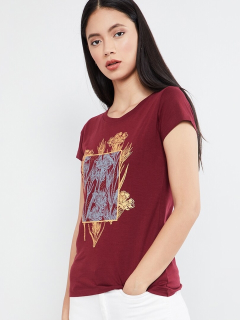 max Women Maroon Floral Print Round Neck T-shirt