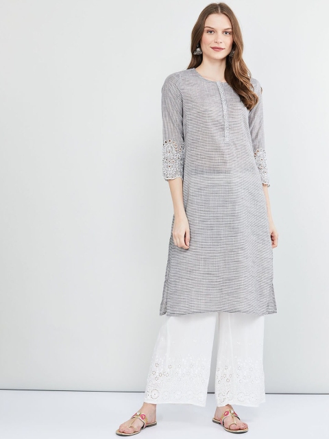 max Women Grey Checked Straight Kurta