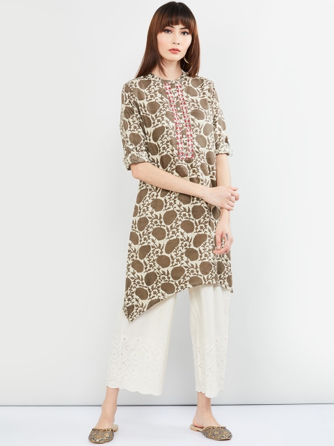 max Women Cream-Coloured & Brown Printed Straight Kurta