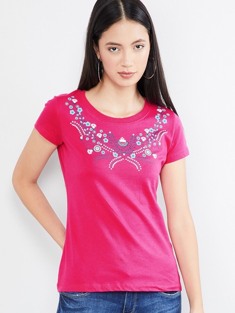 max Women Pink Printed Round Neck T-shirt