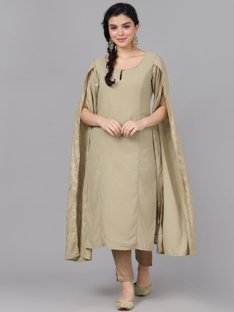 AKS Couture Women Taupe & Gold-Coloured Printed Straight Kurta