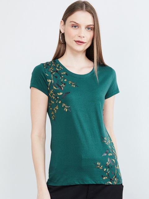 max Women Green Printed Round Neck T-shirt