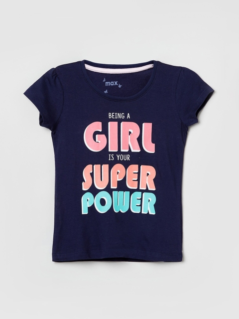 max Girls Navy Blue & Pink Printed Round Neck T-shirt