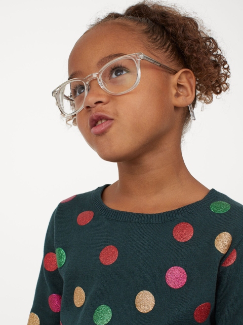 H&M Girls Green Printed Fine-Knit Cotton Jumper