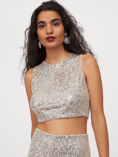 H&M Women Silver-Toned Sequined Top