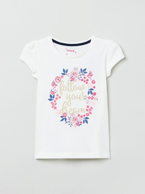 max Girls White Printed Round Neck T-shirt