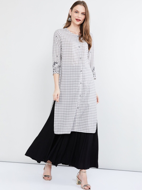 max Women Grey & White Checked Straight Kurta