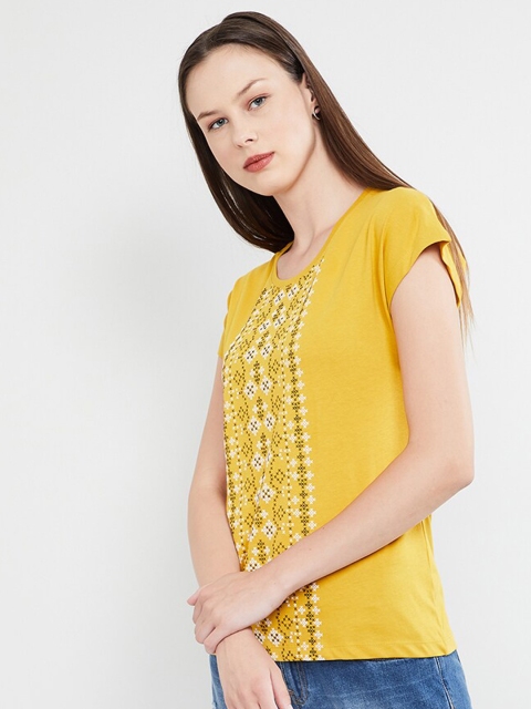 max Women Yellow Printed Round Neck T-shirt