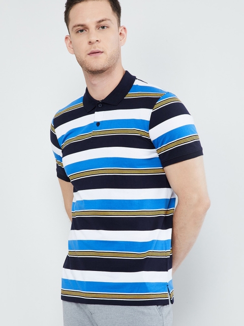 max Men Blue & White Striped Polo Collar T-shirt
