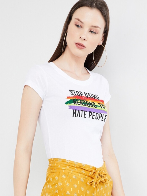 max Women White Printed Round Neck T-shirt